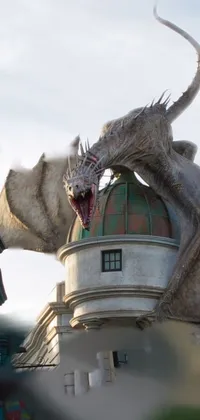 This phone live wallpaper displays a striking dragon statue on the side of a building in a Harry Potter-like setting