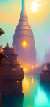 This phone live wallpaper features a digital painting of a stunning fantasy cityscape