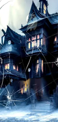 This phone live wallpaper showcases a hyper-realistic digital art image of a creepy house at night, perfect for dark and spooky themes