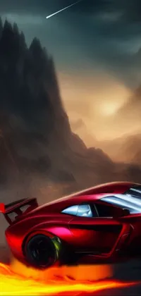 This dynamic live phone wallpaper showcases a red sports car driving on a winding road through majestic mountains, with lava and smoke effects adding to the excitement
