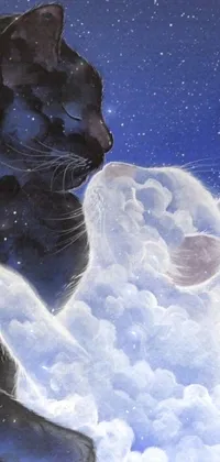 Are you a cat lover looking for a stunning phone wallpaper to showcase your furry friends? Look no further than this detailed painting of two cats standing together on a cosmic cloudscape, complete with black and grey fur shining against a starry galaxy background