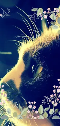 This phone live wallpaper features a stunning digital art piece of a cat with flowers on its head
