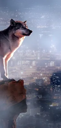 Adorn your phone with a captivating live wallpaper featuring a captivating image of a wolf standing atop a rock, with a city skyline in the backdrop