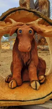 This phone live wallpaper depicts a wooden sculpture of a dog, featuring an anthropomorphic deer-moose hybrid in the shape of an ent