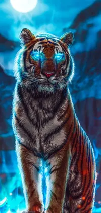 This live wallpaper features a stunning cyberpunk art with a majestic tiger overlooking a full moon