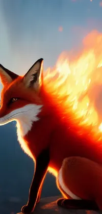 This phone live wallpaper showcases a beautiful red fox sitting on a rock, set against a fiery corgi backdrop