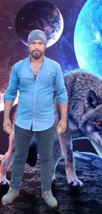 This mesmerizing live wallpaper features a lone human figure standing on a rocky outcrop in a vast wilderness alongside a majestic wolf