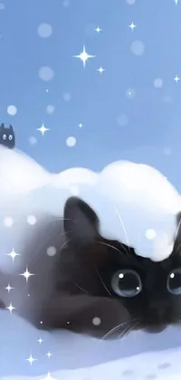 This live wallpaper showcases a delightful black and white cat snuggled up in the snow, amidst a light rainfall
