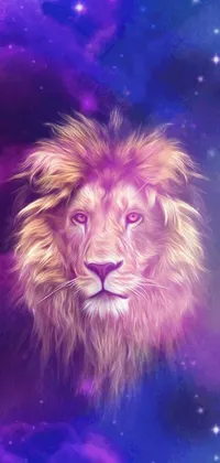 This stunning phone live wallpaper depicts a lion's face, surrounded by an airbrushed mix of clouds, a purple nebula, and psychedelic patterns