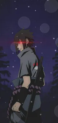 This live phone wallpaper features an eerie, anime-inspired portrayal of a dark-haired man with glowing red eyes and a gun
