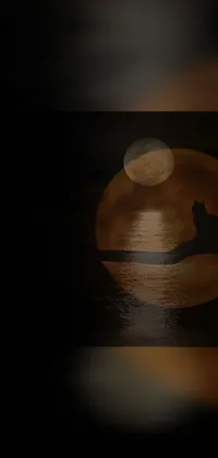 This stunning phone live wallpaper showcases a beautiful digital art image of a mysterious cat perched on a branch in front of a captivating full moon