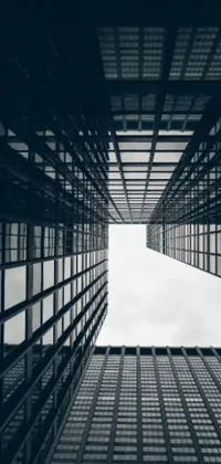 This dynamic live wallpaper showcases a black and white photo of a towering glass building