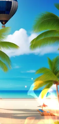 This phone live wallpaper features a serene tropical beach with gently swaying palm trees and a colourful hot air balloon floating through the sky