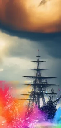 This phone live wallpaper features a beautiful digital painting of an impressive ship navigating a body of water, with an artistic flair inspired by the high seas and generative art