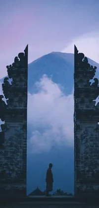 This live wallpaper for your phone features an astonishing landscape, showcasing a towering mountain range standing in the background, while a stunning architectural gate adds intricate detail to the foreground