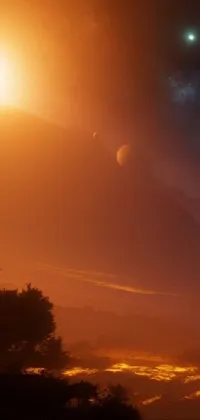 This phone live wallpaper showcases a group of planets hovering in a foggy and mystical alien sky