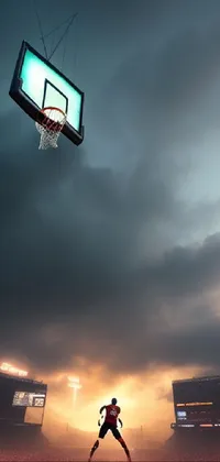 This stunning live wallpaper features a dramatic scene of a man standing in a lush green field beside a basketball hoop