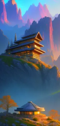 Discover a stunning live wallpaper featuring a remarkable painting of a pagoda on top of a mountain