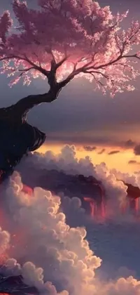 This beautiful live wallpaper features a stunning, hand-drawn tree in the air, surrounded by flowing lava and ash piles