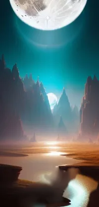 This live wallpaper features a full moon over a body of water, with a matte painting of a majestic canyon as the backdrop