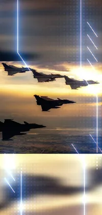 This live phone wallpaper depicts fighter jets flying through a cloudy sky, using digital art with rayonism light effects and bokeh