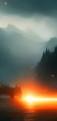 This phone live wallpaper is an epic scene of a car driving through a valley, surrounded by misty light from fires and a smelting pit