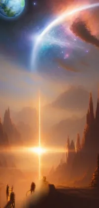 This breathtaking phone live wallpaper features a group of people standing on a dirt road against the backdrop of the entrance of Valhalla, creating a captivating fantasy scene