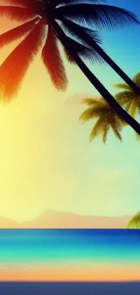 This phone wallpaper features a stunning digital painting of two palm trees on a sandy beach during sunset, creating a tranquil and serene atmosphere