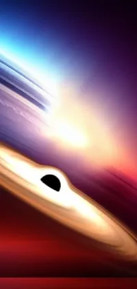 This live wallpaper features a dazzling black hole in a galaxy surrounded by a swirl of gas and dust, set against a vibrant gradient sky at sunset