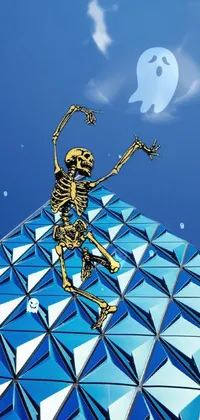 Looking for a surreal and visually stunning wallpaper? This one features a skeleton perched atop a glass tower and surrounded by blue moon rays