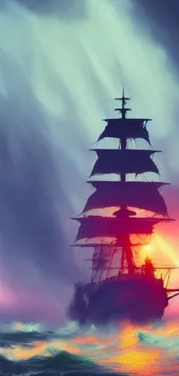 This phone live wallpaper is a stunning digital painting of a ship at sea, reminiscent of fantasy art