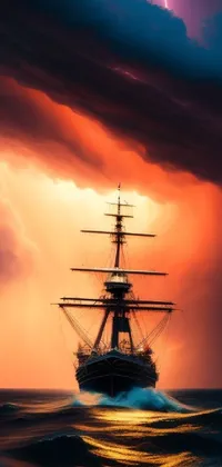 This live wallpaper features a majestic ship sailing through the waves in the ocean at sunset, with clouds and a distant lightning storm in the background