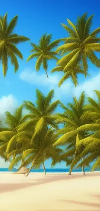 Bring the warmth of the tropics to your phone with this stunning live wallpaper featuring an intricate illustration of palm trees swaying on a sandy beach