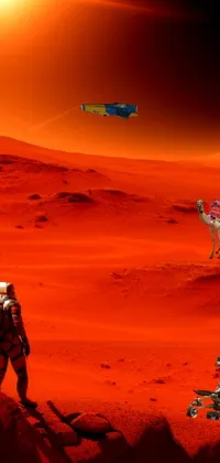 The live wallpaper depicts a stunning digital art scene of a cyborg adventurer standing atop a vast and red-colored desert alongside a robotic camel