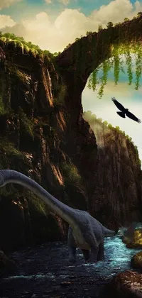 This captivating phone wallpaper depicts a bird gliding over a winding river near a mysterious cave