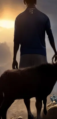 This stunning phone live wallpaper showcases a breathtaking mountain landscape with a majestic goat standing alongside a man