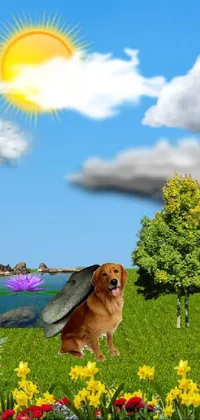 Adorn your phone screen with a captivating live wallpaper of a fluffy dog standing in green grass against a partly cloudy tarot card environment