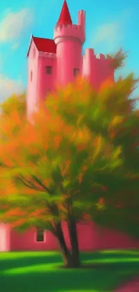 This stunning digital painting live wallpaper features a beautiful pink castle and a tree in the foreground with orange, red, and yellow leaves that flow in the autumn breeze