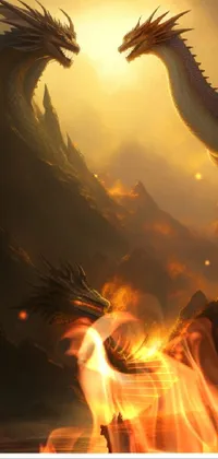 This 4K live wallpaper features a grand fantasy scene of a mountain top and a powerful flaming dragon