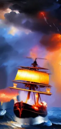Experience the captivating beauty of a ship sailing in the open sea with this stunning phone live wallpaper