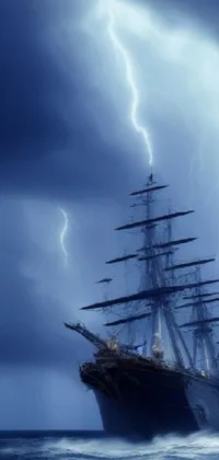 This captivating live wallpaper depicts a tall ship sailing through blue indigo waters, beautifully rendered by a talented digital artist