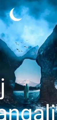 This unique live phone wallpaper depicts a surreal image of a person standing in a calm body of water