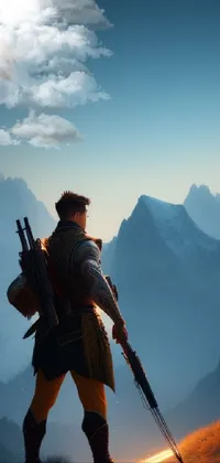Experience the thrill of the outdoors with this mesmerizing live wallpaper featuring a mountainous terrain and an adventurer holding a rifle
