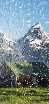 This phone live wallpaper features a cabin situated on a green field with icy mountains at a distance, inspired by nature's beauty in Wyoming