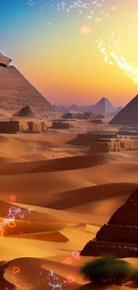 This phone live wallpaper showcases a picturesque desert landscape with three ancient Egyptian pyramids
