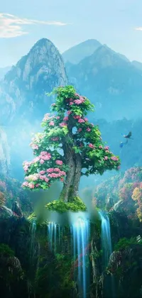 This phone live wallpaper showcases a serene and enchanting painting of a waterfall and tree