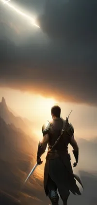This live wallpaper features a warrior standing on top of a mountain, preparing for battle