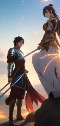 This anime phone live wallpaper features two characters standing side by side in golden and copper shining armor while holding a sword