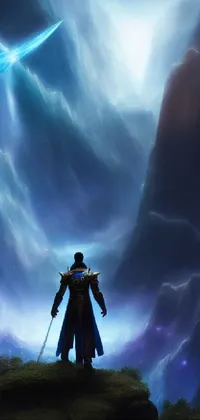 This phone live wallpaper features a godlike man standing on a lush green hillside in a concept art style