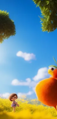 This phone live wallpaper features birds on a lush green field, created by Pixar